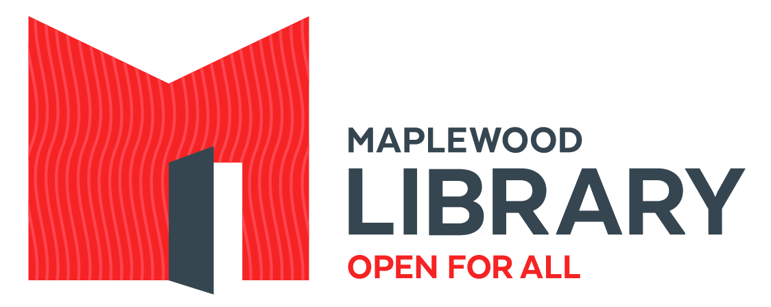 Logo for the Maplewood Library. A red book opened in the shape of an 