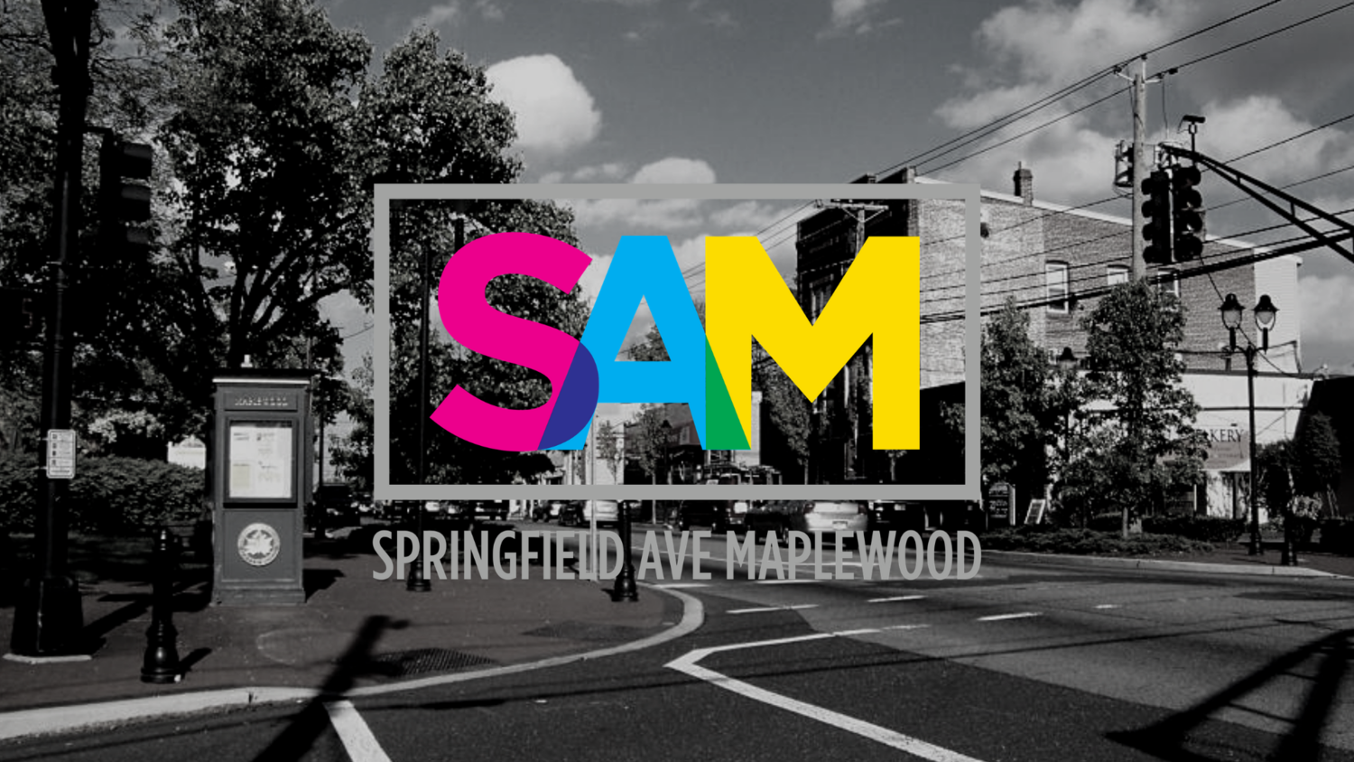 Black and white image of Springfield Ave. with an overlay of the SAM logo (