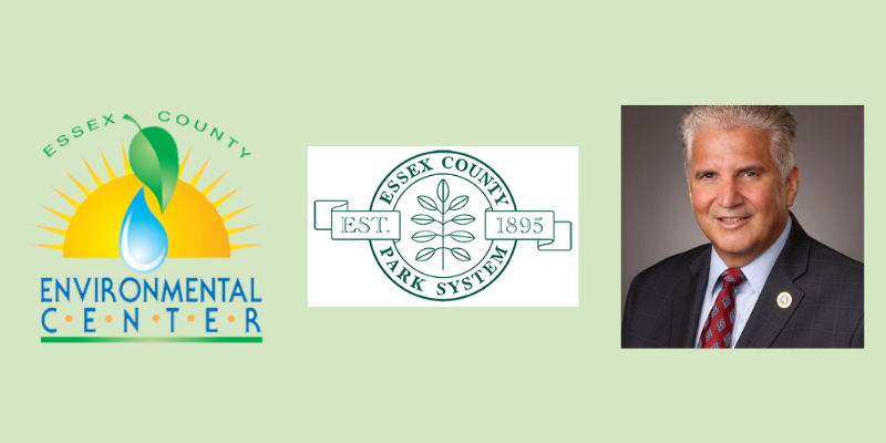 The Essex County Environmental Center logo, Essex County Park System logo, and a headshot of Essex County Executive DiVincenzo on a light green background