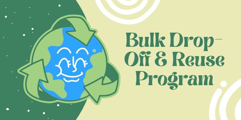 Image of the recycling symbol surrounding a smiling Earth on a green background with white speckles. To the right of the image is green retro-style text reading 