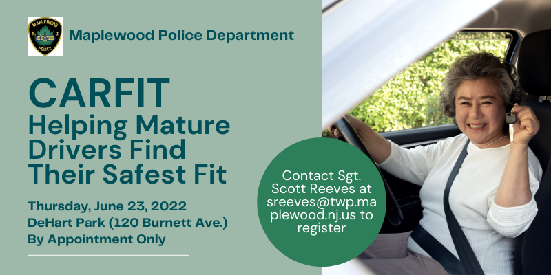 Image containing info for the upcoming CARFIT event. Text is dark teal on a green background. On the right of the image, an older adult sits in the driver's seat of a car holding a set of keys.