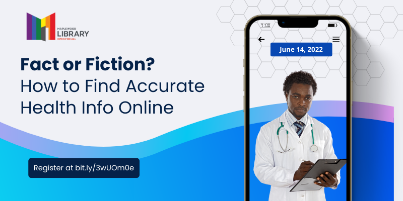 Image containing info for the upcoming Fact or Fiction event. Text is navy on a white background with blue waves. To the right is an image of a Black male doctor on a smart phone screen.