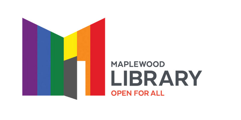 Image of the Maplewood Library's Pride Logo, their usual logo but in rainbow instead of red.